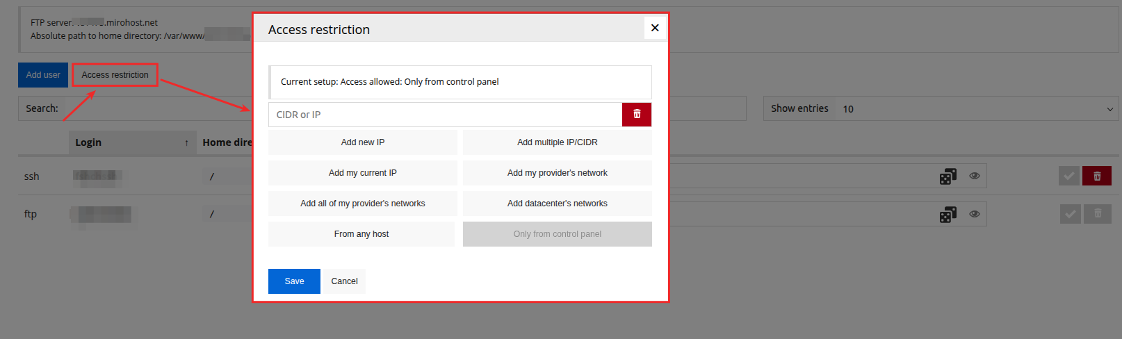 Managment FTP/SSH access