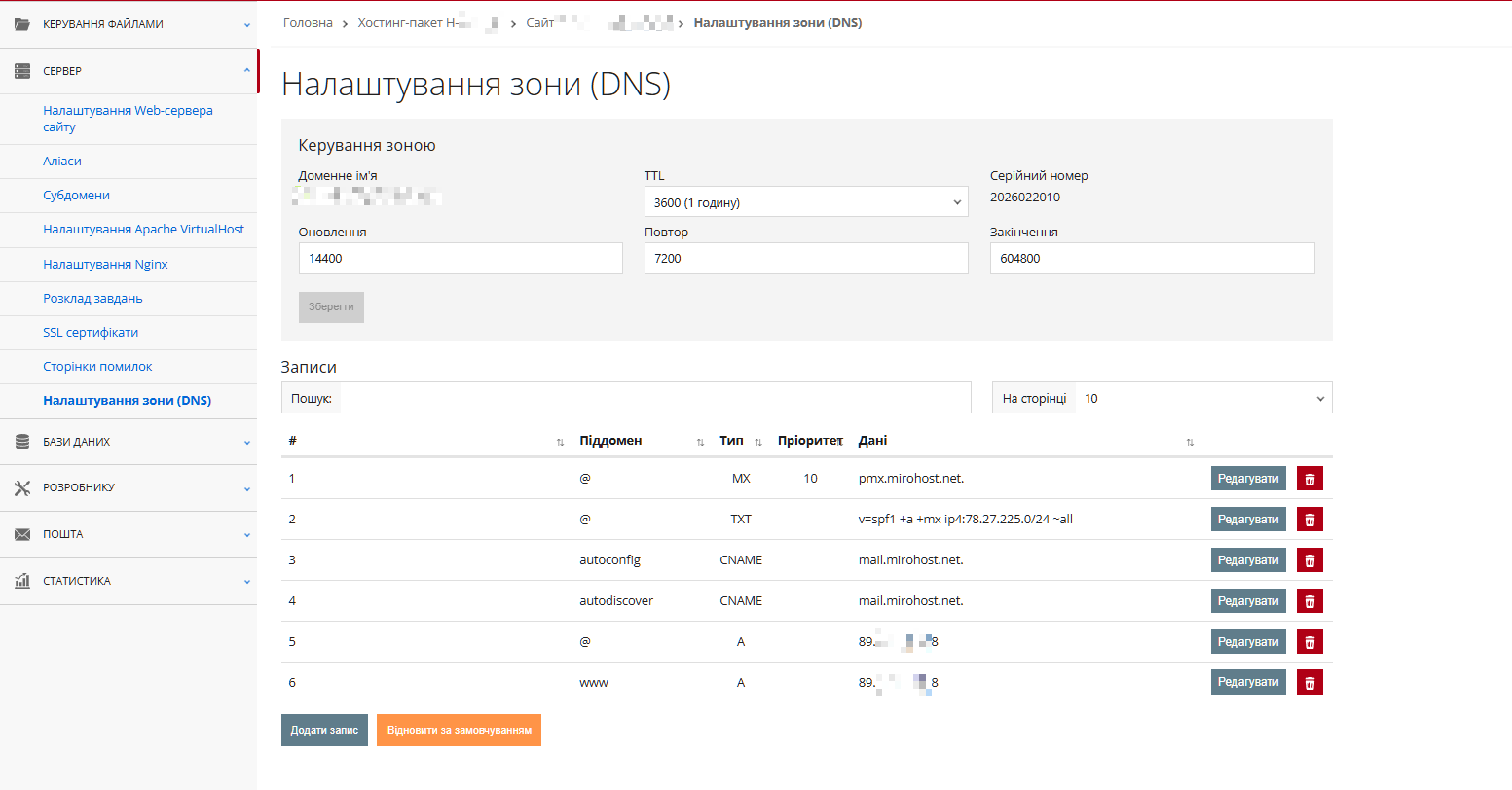 Налаштування зони (DNS)